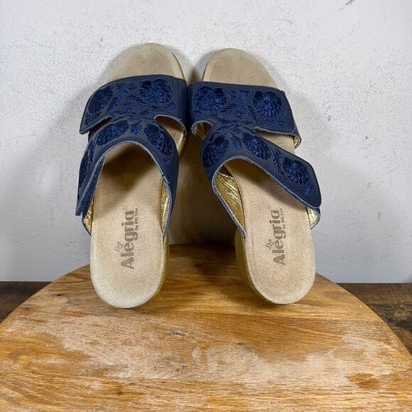 Alegria Leather Embroidered Wedge Sandal Navy LIN-622N Shoes Women’s Size 8.5‎ - Picture 6 of 8